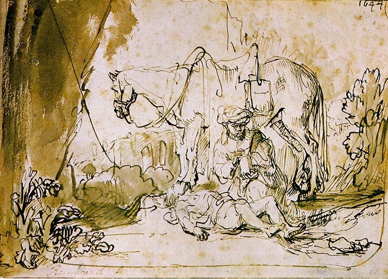 Rembrandt Harmensz. van Rijn: De barmhartige Samaritaan verzorgt de gewonde man