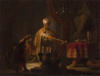 schilderij van Rembrandt Harmensz. van Rijn: Daniël en Cyrus voor de afgod Bel