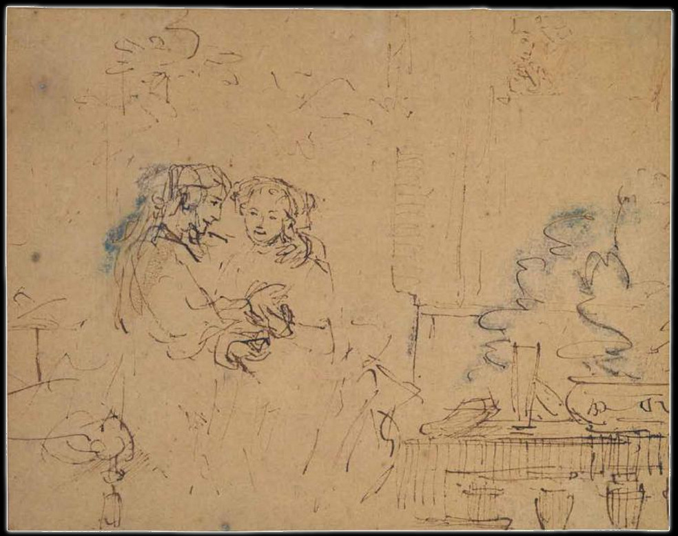 Rembrandt Harmensz. van Rijn: Isaak en Rebecca bespied door Abimelek