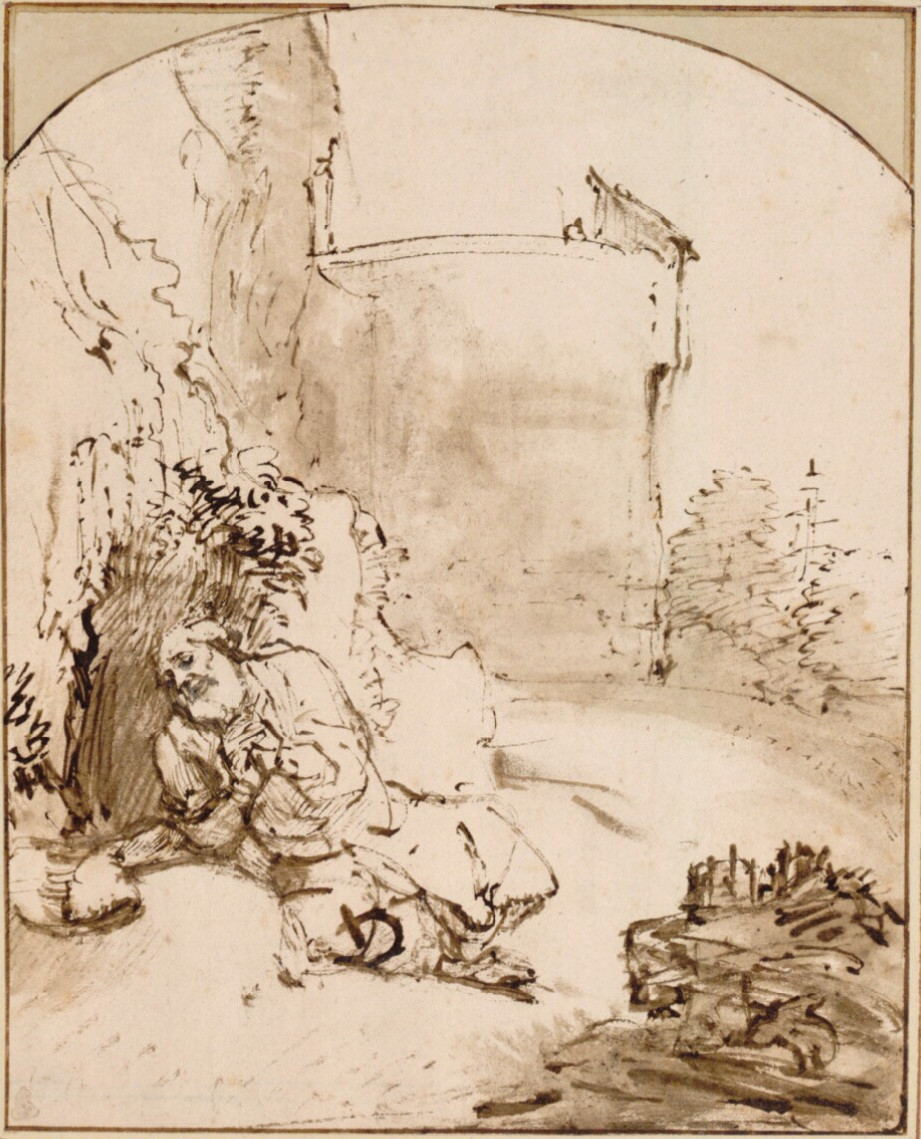 Rembrandt Harmensz. van Rijn: Jona biddend voor de muren van Nineve