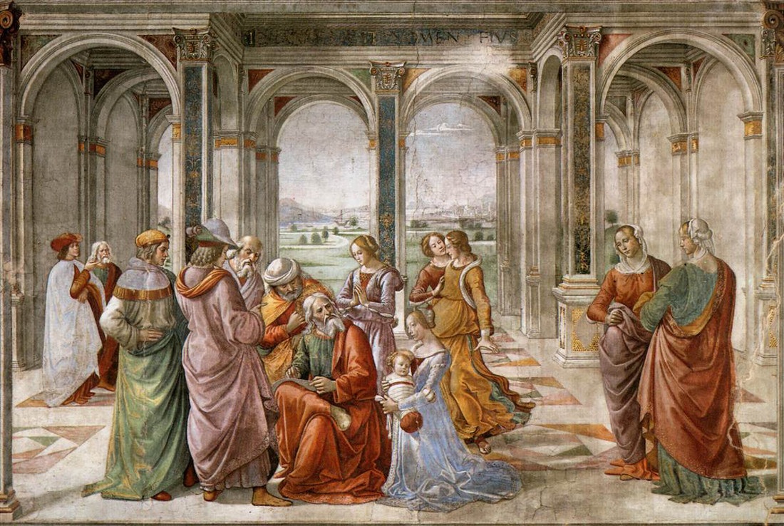 Domenico Ghirlandaio: Zacharias schrijft de naam van Johannes