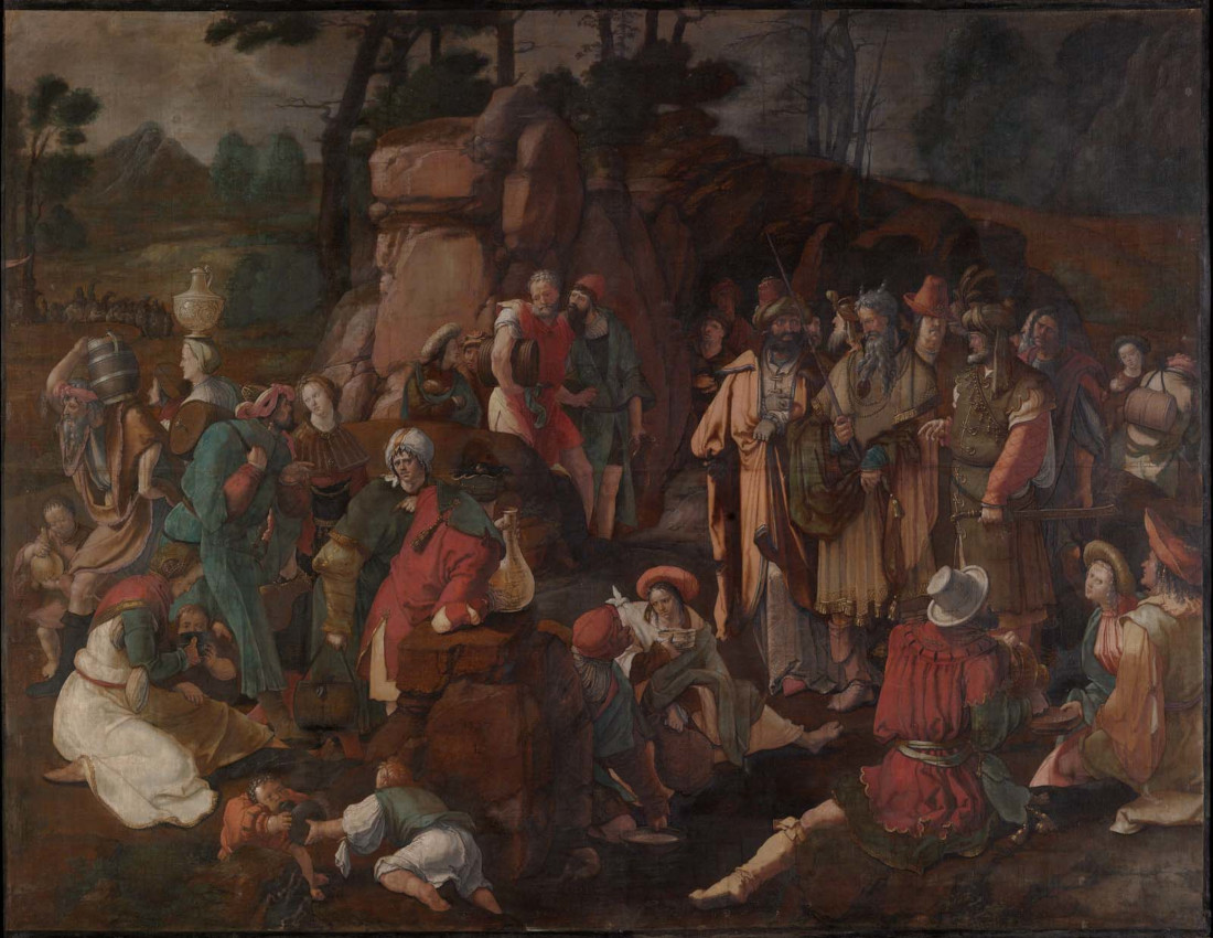 Lucas van Leyden: Mozes en de Israëlieten gebruiken water uit de rots